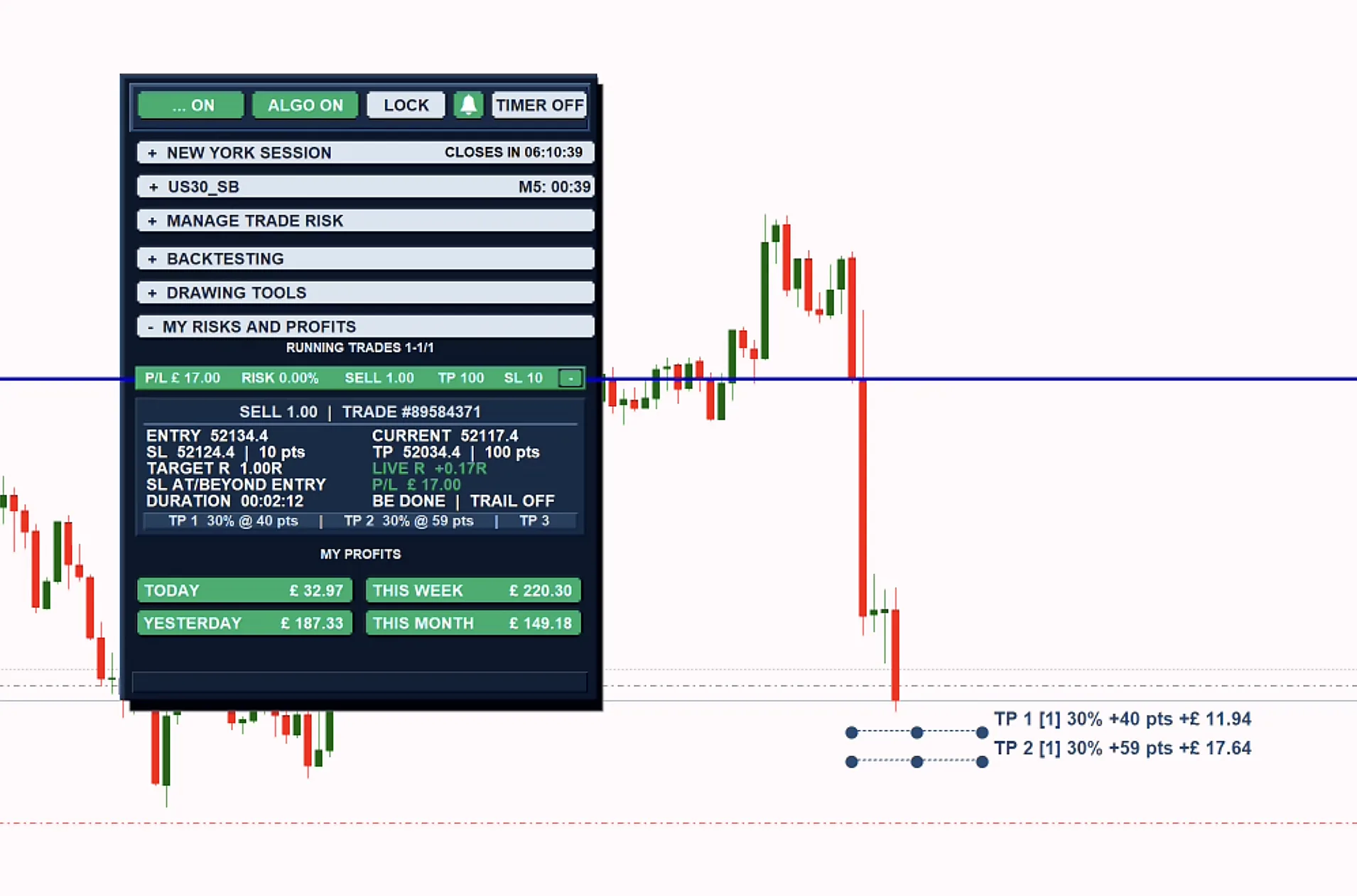 Risk control panel with running trades and profit controls